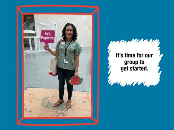 "It’s time for our group to
get started." with photograph of guide standing and holding sign